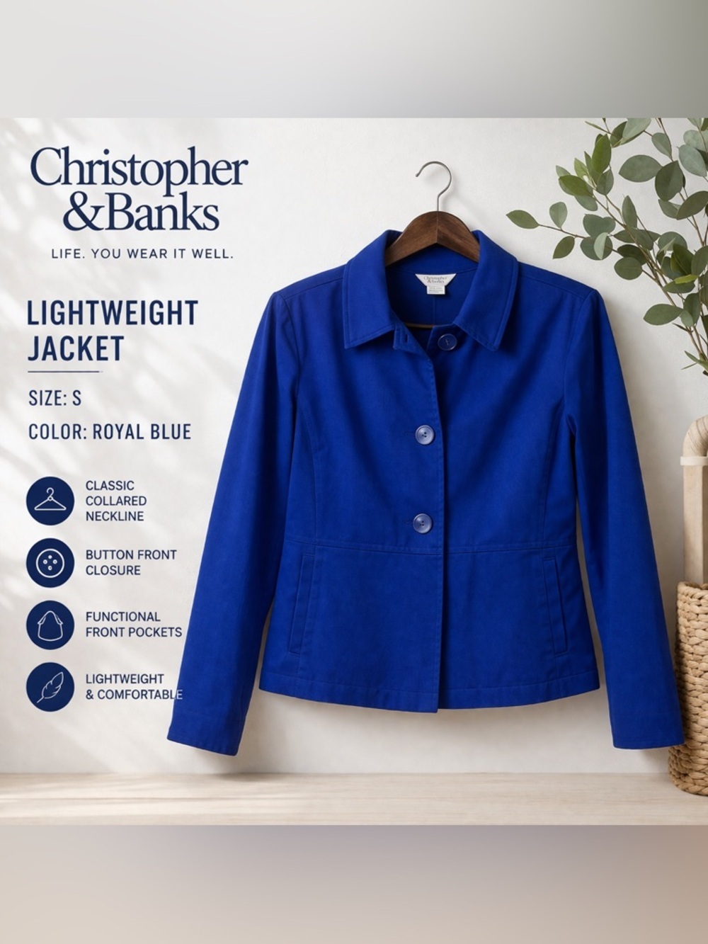 Christopher & Banks Blue Jacket Small Button Front Lightweight Blazer Workwear